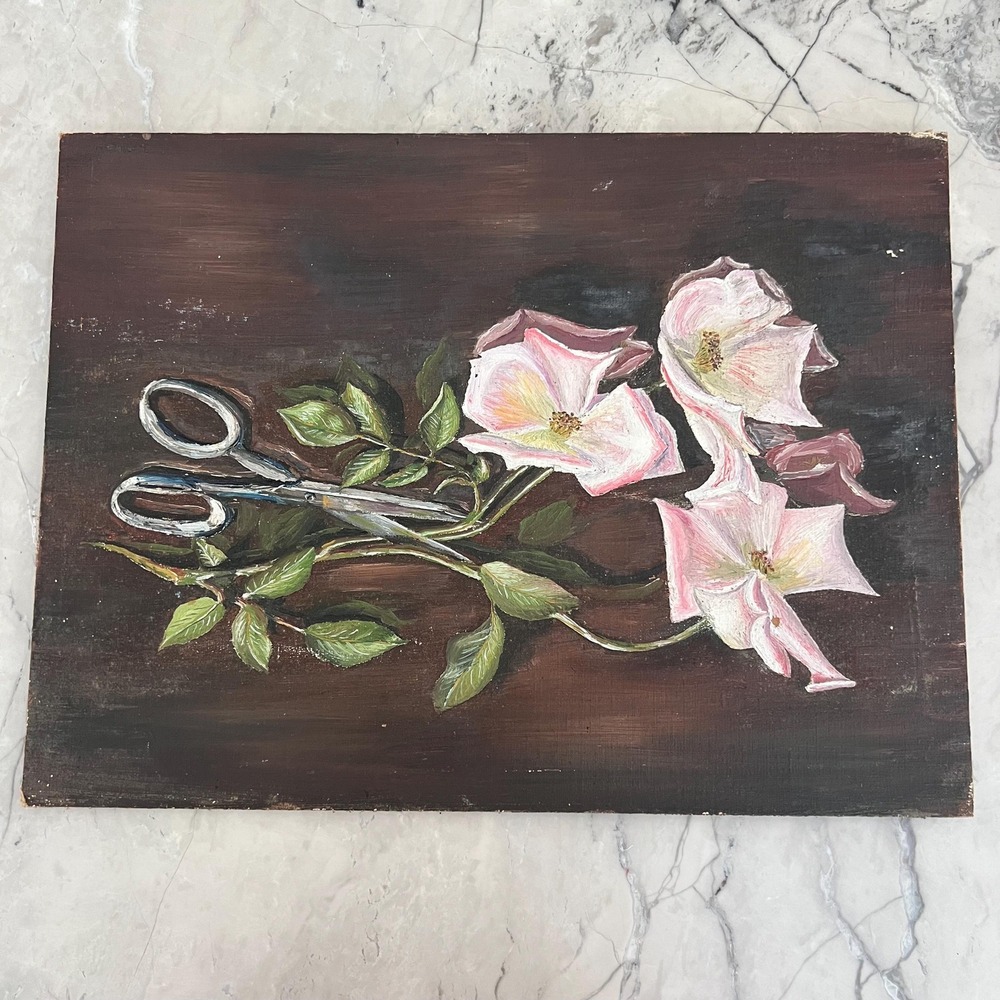 Antique floral oil painting on board by John Allan 1928